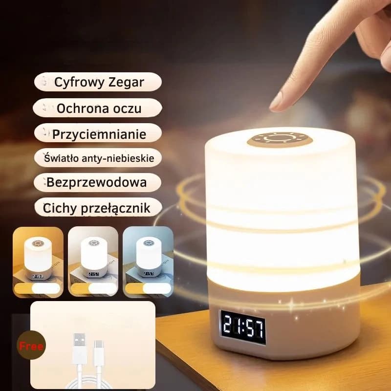 Lampka nocna z zegarem, lampka nocna do sypialni, dotykowa lampka do karmienia dziecka i ochrony oczu, ładowanie USB