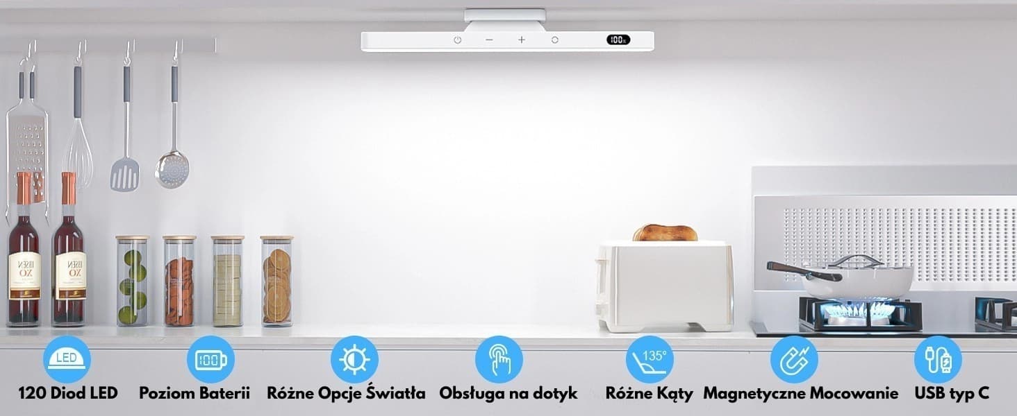 Lampka LED z magnetycznym uchwytem z wbudowaną baterią 2500mAh, do garderoby, do sypialni do czytania, do łazienki z możliwością ładowania USB-C