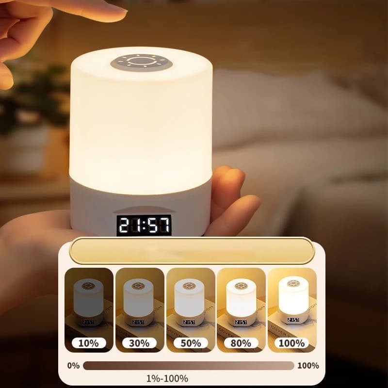 Lampka nocna z zegarem, lampka nocna do sypialni, dotykowa lampka do karmienia dziecka i ochrony oczu, ładowanie USB