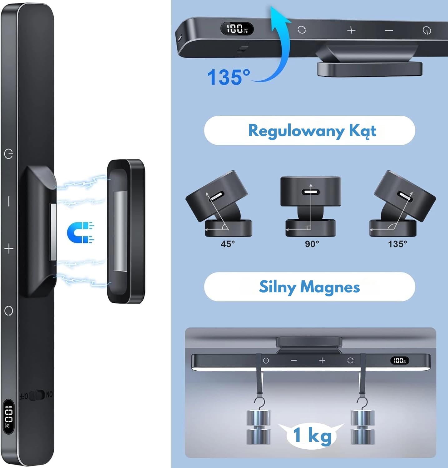Lampka LED z magnetycznym uchwytem z wbudowaną baterią 2500mAh, do garderoby, do sypialni do czytania, do łazienki z możliwością ładowania USB-C