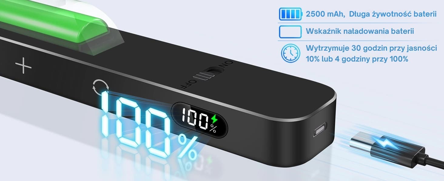 Lampka LED z magnetycznym uchwytem z wbudowaną baterią 2500mAh, do garderoby, do sypialni do czytania, do łazienki z możliwością ładowania USB-C